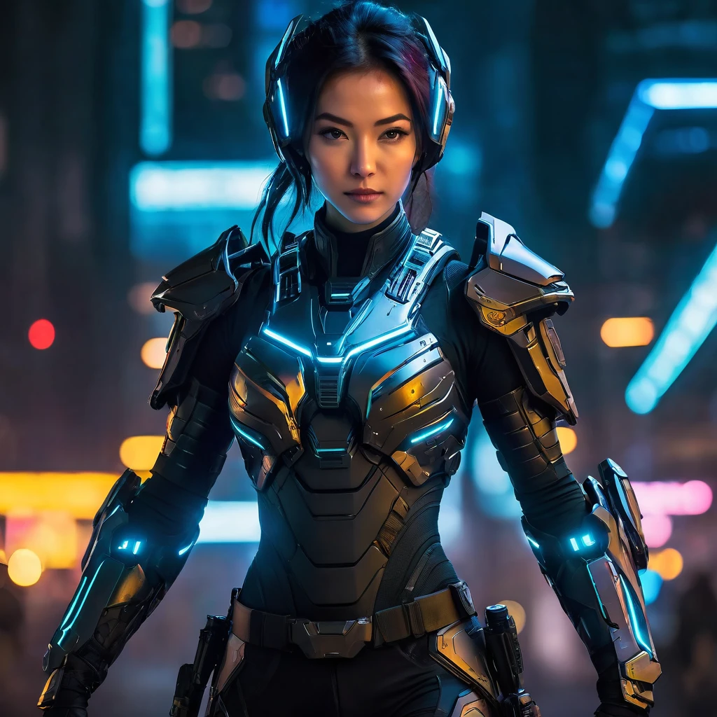 a woman in a tight combat suit, high tech futuristic sci-fi bodysuit, intricate detailed armor plating, advanced tactical gear, advanced military technology, futuristic cyberpunk style, neon color lighting, glowing elements, action pose, dynamic motion blur, cinematic lighting, photorealistic, 8k, highres, ultra-detailed, masterpiece