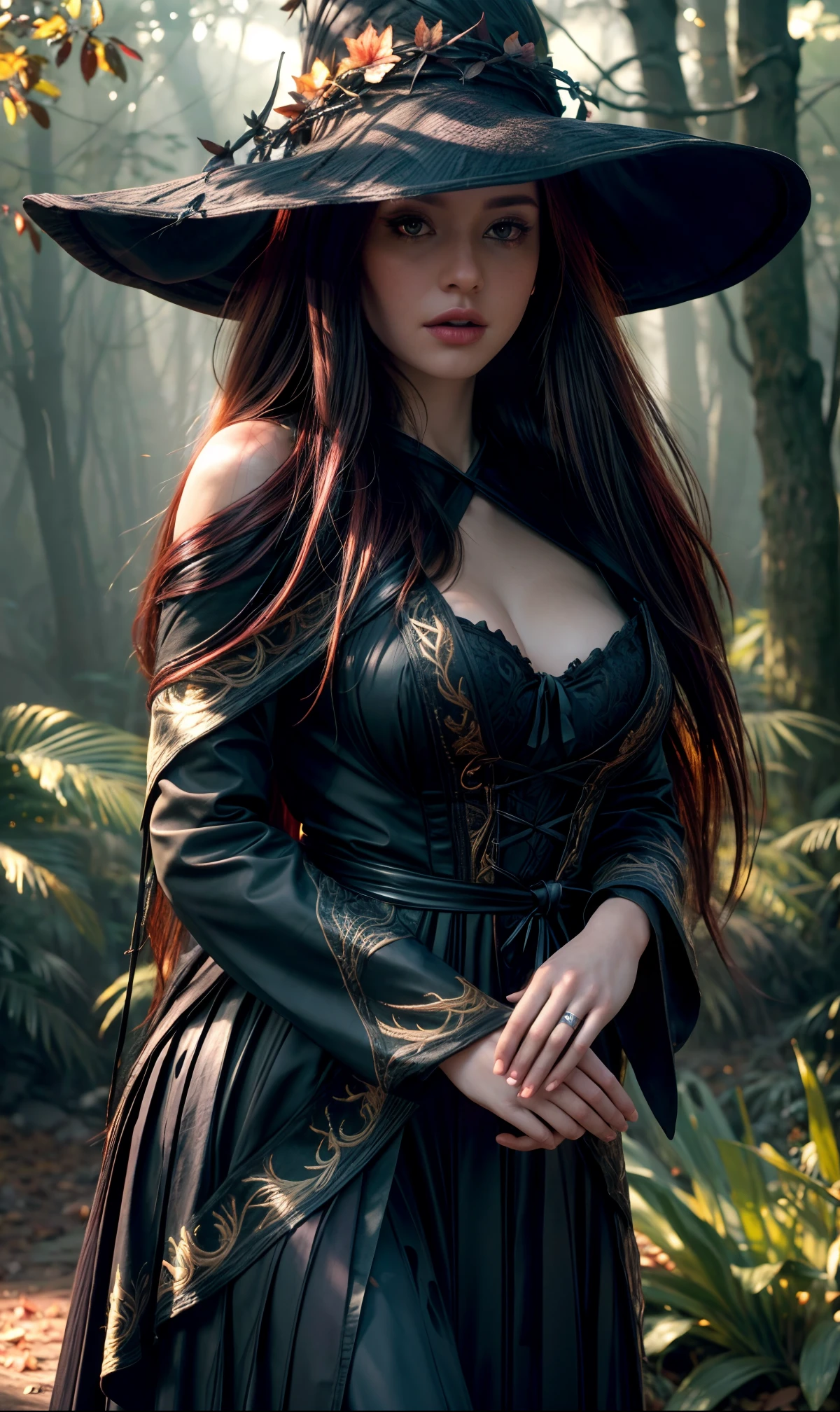 A forest witch detailed beautiful(The forest witch should have a wild, untamed appearance, with long, flowing hair and dark, piercing eyes. Her clothing should be made of natural materials, such as animal skins or leaves, and adorned with symbols of nature and magic), a full moon glowing behind her., The surrounding forest should be dense and mysterious, with gnarled trees and twisting vines that seem to reach out and grasp at the witch, masterpiece, high detailed face, Global illumination, real hair movement, best quality, Sharp Focus, (32k resolution, UHD, HDR)(Kodak gold 200, Portra 400, fujifilm superia), Canon R3,Hasselblad,IMAX, (Canon EF70-200mm f2.8 IS III USM) ((prominent heavy shadows)) (lunar ray time) (octane render:0.), vibrant colors, soft lighting, natural light, photo realistic, photorealism, 8k, RAW photo, highest quality, masterpiece, ultra-high resolution