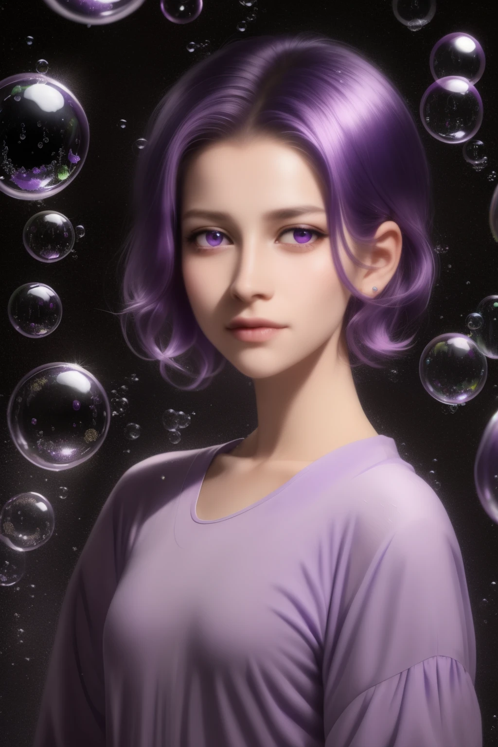 solo, 1girl, purple eyes, purple hair, bubble, looking at viewer, portrait, half-closed eyes, short hair, closed mouth,shiny bubbles,bubbles, colour shining in bubble, reflective bubbles,bubbles ,bubbles all around, turning into bubble