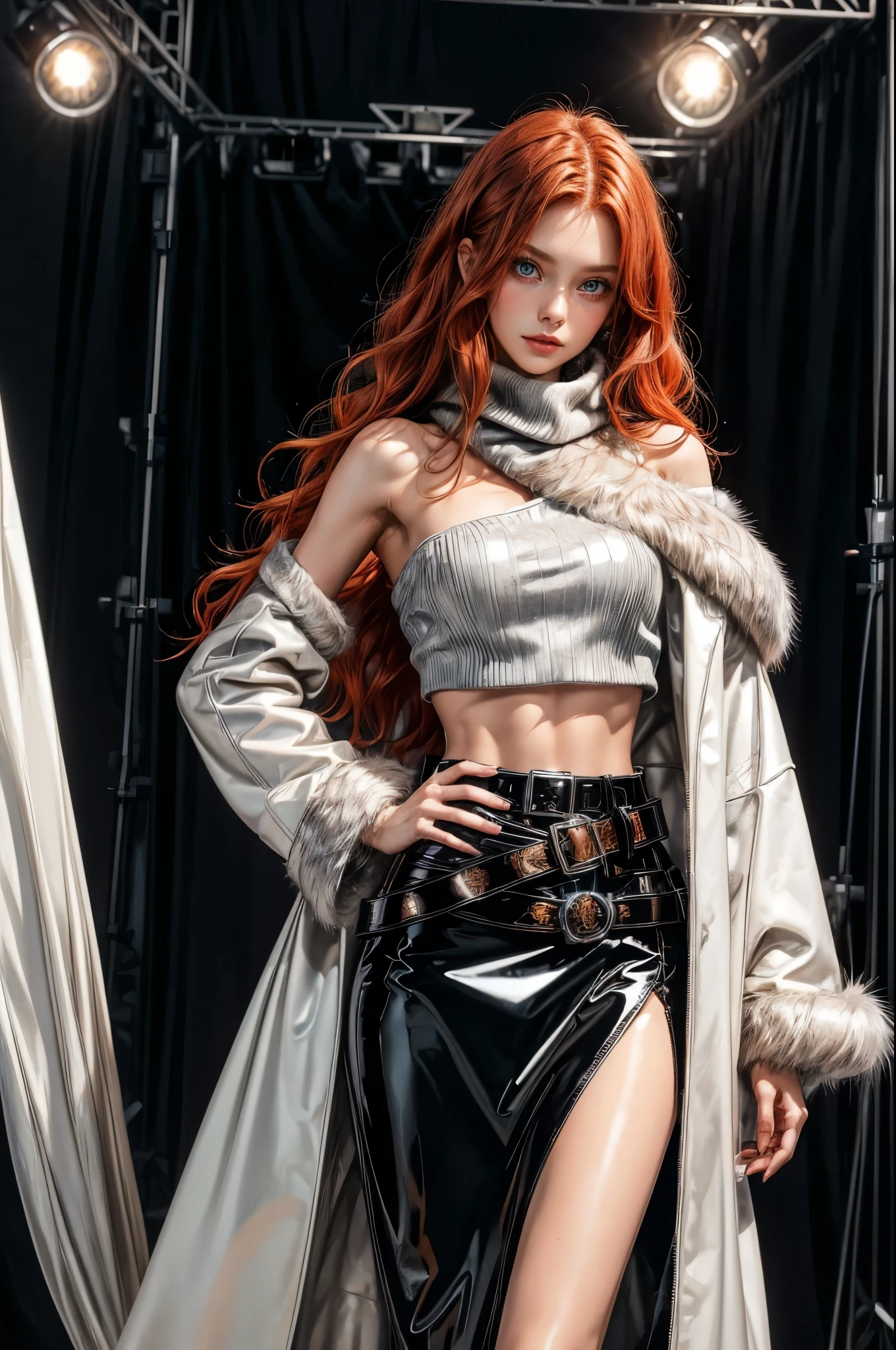 One single woman with long orange and red hair , ( long wavy hair) lore_Emma , (((empty studio background))), blue eyes , dark eyeliner, light smile, alluring look, gorgeous face , super cute, 18 years old , hyper detailed face, (slim figure , large breast, thin waist), (((hands on hip))), (wearing a pvc black sweater), (short black pvc skirt), (((two rmetal decorative designer belt))), slightly revealing midriff, single bare shoulder, (white silk scarf), ((open silver fur coat)), ((silver colored coat)), ((coat with fur))