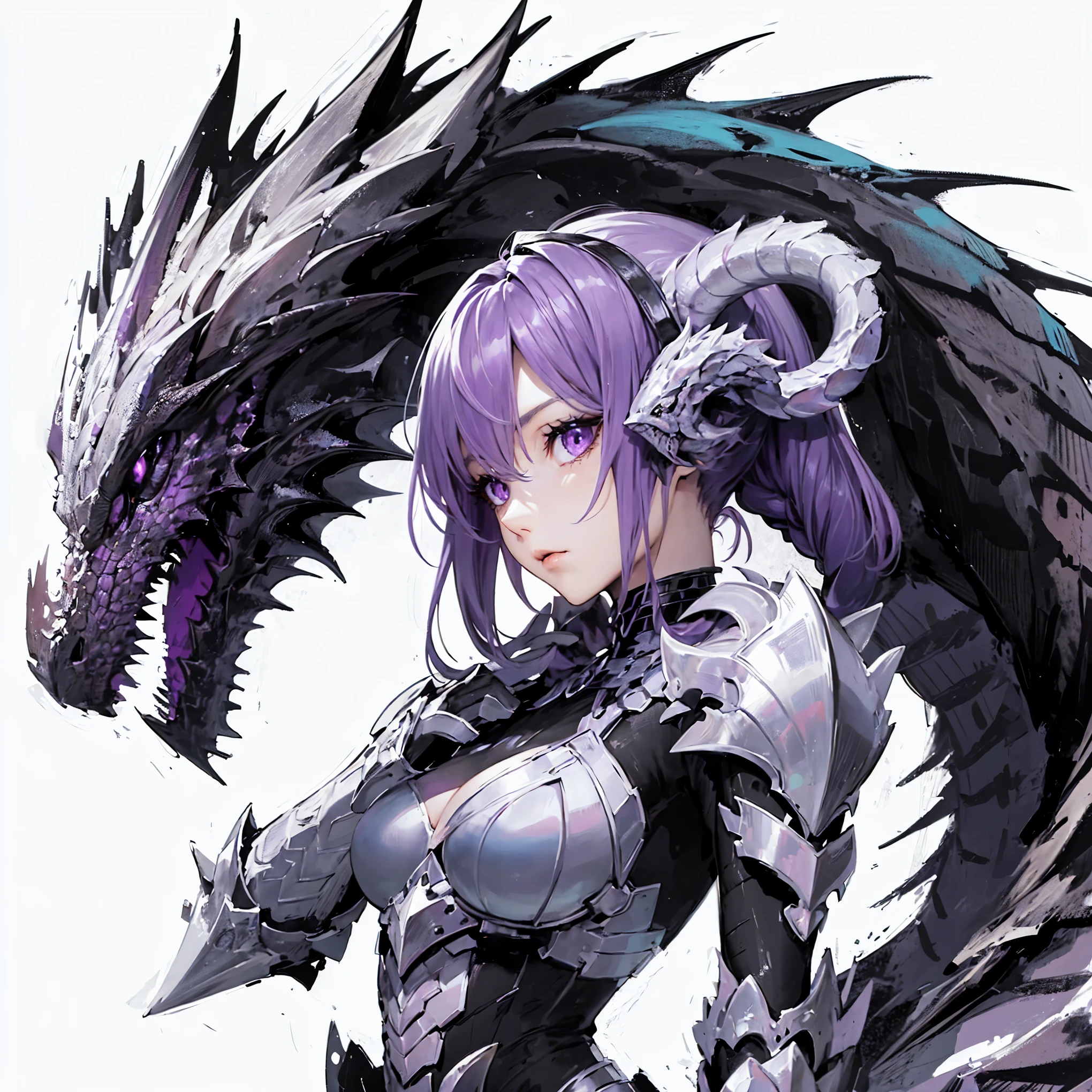 A girl fused with a dragon. image color is black. Purple hair. Bikini armor. A dragon's neck from her shoulder. Scaly armor.
