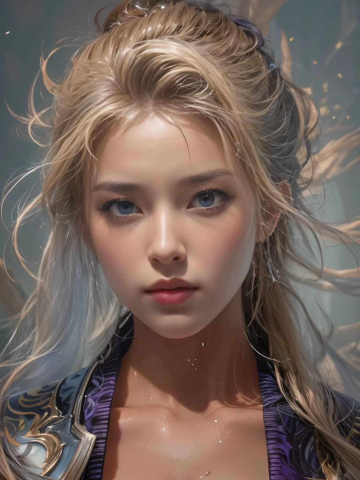 IU1, Serious expression, Model shooting style, (Highly detailed CG Unity 8k wallpaper), Full body photos of the most beautiful works of art in the world, (Medieval Armor:1.1), Professional, majestic oil painting by Ed Blinky, Atey Gailan, Studio Ghibli, Jeremy Mann, Greg Manchess, Antonio Moro, Trending on Art Station, CGSociety Trends, complicated, High detail, Sharp focus, dramatic, Photorealistic paintings by Midjourney and Greg Rutkowski, Beautify your face, Long Blonde Hair, Big firm Breasts, hard nipples, Sexy, Sharp Eyes, Break, dynamic sexy poses, sweat, cleavage is exposed, Add light purple and purple, Add Light Red, Intricate details, Splash screen,