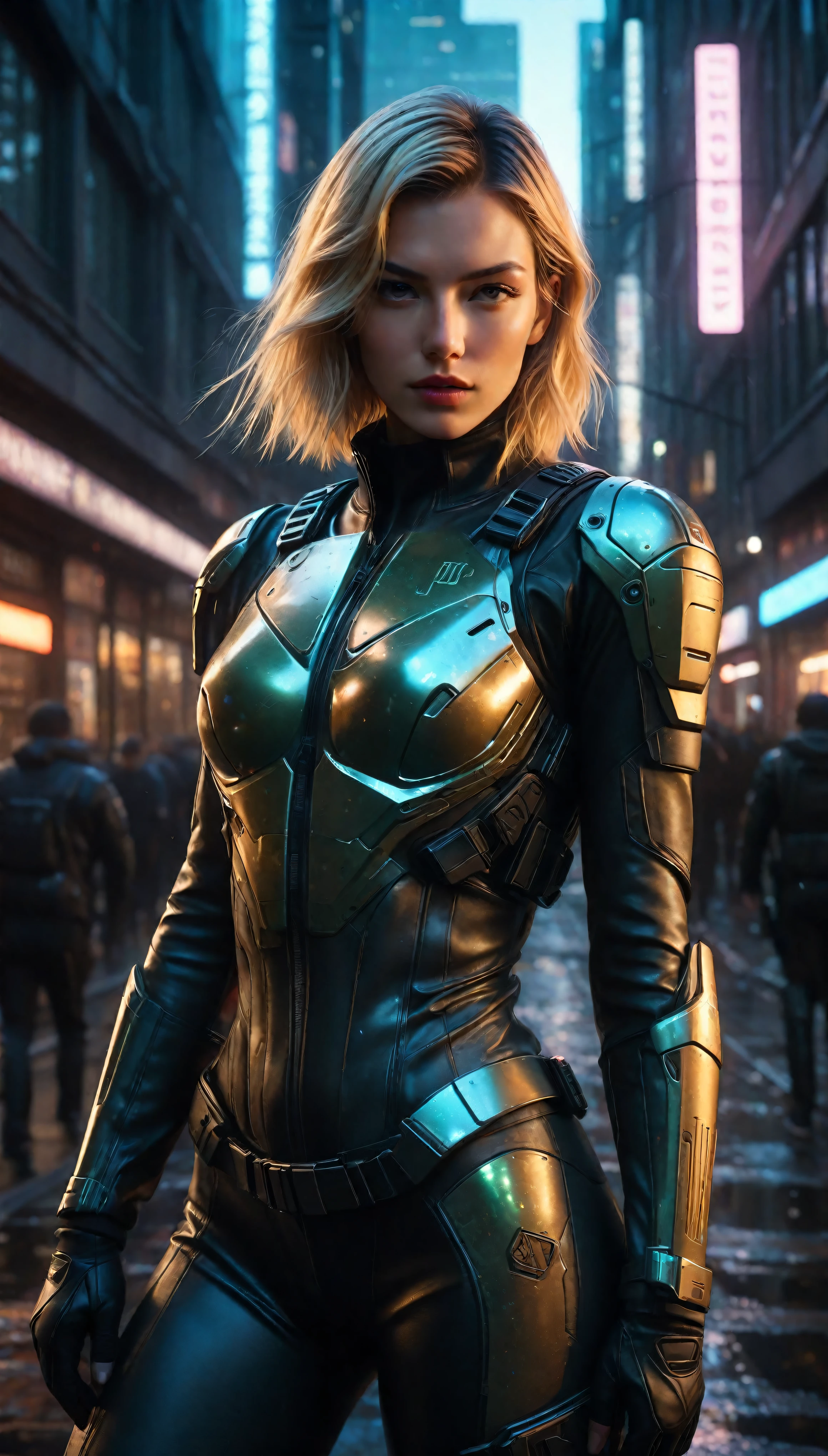 ((Masterpiece in maximum 16K resolution):1.6),((soft_color_photograpy:)1.5), ((Ultra-Detailed):1.4),((Movie-like still images and dynamic angles):1.3). | (cinematic photo of Blonde Supermodel beauty wearing a high tech tight combatsuit in a cyberpunk city), (Supermodel beauty), (Blonde), (wearing a high tech combat suit), (focus on the high tech combat suit), (cinematic lens), (cyberpunk pistol), (autumn light), (tyndall effect), (Science fiction atmosphere), (shimmer), (light reflections), (visual experience),(Realism), (Realistic),award-winning graphics, dark shot, film grain, extremely detailed, Digital Art, rtx, Unreal Engine, scene concept anti glare effect, All captured with sharp focus. | Rendered in ultra-high definition with UHD and retina quality, this masterpiece ensures anatomical correctness and textured skin with super detail. With a focus on high quality and accuracy, this award-winning portrayal captures every nuance in stunning 16k resolution, immersing viewers in its lifelike depiction. | ((perfect_composition, perfect_design, perfect_layout, perfect_detail, ultra_detailed)), ((enhance_all, fix_everything)), More Detail, Enhance.
