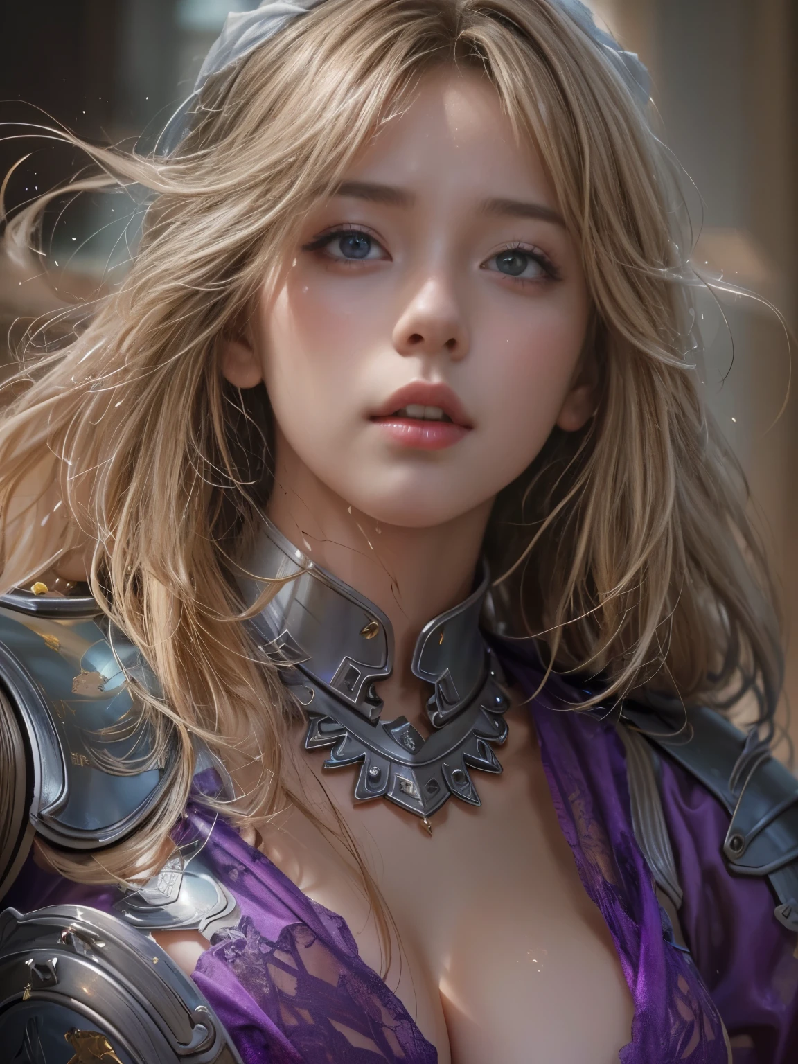 IU1, Serious expression, Model shooting style, (Highly detailed CG Unity 8k wallpaper), Full body photos of the most beautiful works of art in the world, (Medieval Armor:1.1), Professional, majestic oil painting by Ed Blinky, Atey Gailan, Studio Ghibli, Jeremy Mann, Greg Manchess, Antonio Moro, Trending on Art Station, CGSociety Trends, complicated, High detail, Sharp focus, dramatic, Photorealistic paintings by Midjourney and Greg Rutkowski, Beautify your face, Long Blonde Hair, Big firm Breasts, hard nipples, Sexy, Sharp Eyes, Break, dynamic sexy poses, sweat, cleavage is exposed, Add light purple and purple, Add Light Red, Intricate details, Splash screen,