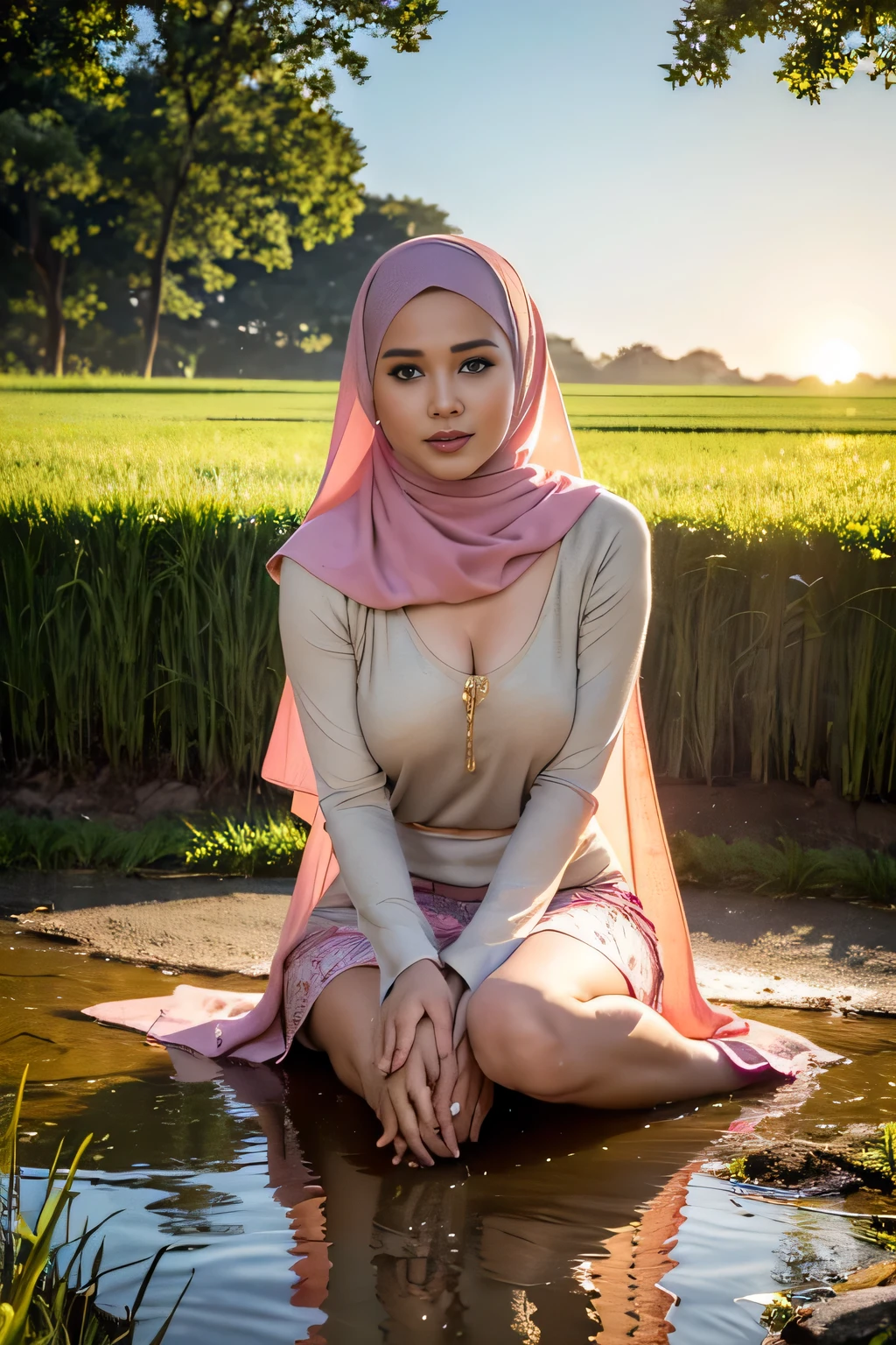 (best quality,4k,highres,masterpiece:1.2),ultra-detailed,(realistic,photorealistic,photo-realistic:1.37),
woman with hijab lying on the muddy paddy rice field, wet body soaked, huge breast, show pubic hairs wet,
portrait,detailed facial features,long dark hair,beautiful brown eyes with a sense of innocence,warm brown skin,natural blush on cheeks,plump lips with a touch of pink,colorful patterned hijab,
landscape,breathtaking view,misty morning atmosphere,sunrise over the horizon,golden sunlight casting gentle shadows on the field,lush green paddy rice plants swaying in the wind,
scenery,peaceful surroundings,sprawling muddy field,reflections of sunlight on the waterlogged soil,dark brown mud between the toes,
atmosphere,calm and serene atmosphere,feeling of tranquility,soft breeze rustling through the crops,sound of distant birds chirping,
clothing,stylish bra and mini skirt in vibrant colors contrasting with the natural surroundings,wet fabric clinging to the curves of her body,hint of sensuality and empowerment,
body language,relaxed posture,lying on her side with her head propped up on one hand,legs stretched out in front of her,communicating a sense of contentment and ,
emotion,contentment and joy radiating from her smile,inner peace reflected in her eyes,
details,droplets of water glistening on her skin,subtle sweat on her forehead,dew drops on the paddy rice leaves,beautiful lotus flower blooming nearby,
lighting,dramatic lighting,soft golden sunlight casting warm tones and shadows on the woman and the field,magical play of light and shadow,
color palette,rich and vibrant colors,natural earthy tones of the field,contrasting with the colorful hijab,
art style,realistic portrait with a touch of fantasy,blending elements of traditional and contemporary art,
atmospheric perspective,subtle mist in the distance,creating depth and adding a sense of mystery,
composition,woman positioned off-center,creating a sense of space and allowing viewers to appreciate the