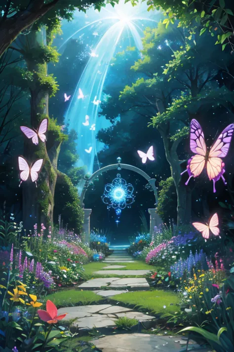 Beautiful garden, butterflies, portal to another dimension, cosmic, high resolution, 32k, masterpiece