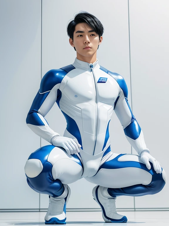 A handsome and refreshing 22-year-old Japanese man　Short black hair cut　Short hair man　Powerful pose　Future World　Various instruments　　Science fiction　A tight rubber suit that is all white with blue accents　Compression suit full body 　White gloves　 　Texture　Big Moccoli　A photo taken looking up from a squatting position, looking directly at the camera　Realistic images