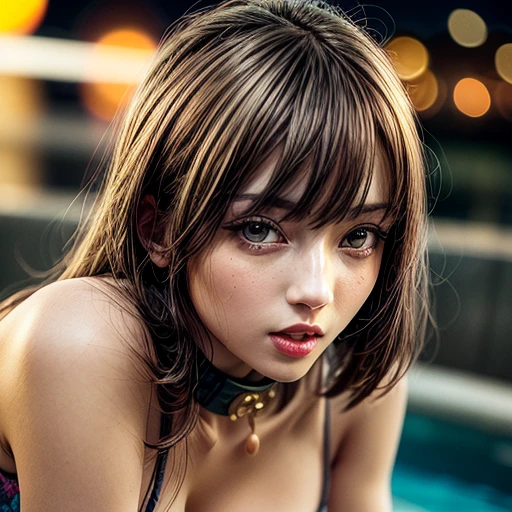 (SFW:1.2), Best_Quality, (masterpiece:1.2) of professional Analog Hi-Res photo, (realistic and photorealistic with touch of rawness:1.37), a close-up portrait of (KAWAII princess wearing thongs), Infinity pool on the roof of Skyscraper, Golden sky at dusk, intricate lighting effects with light particles, ((many colorful lights (dazzling bokeh))) . BREAK { Mystic sight | (many Luminous Particles:1.4) | sparkling splash | flying droplets | Rain drops | Luminous water surface | enjoying summer festival | Big City and Brilliant Skyscrapers }, { Childish | Gigantic Cleavage | Half Laying down | number on arm } . BREAK (((NOGIZAKA)))  Extremely Detailed very KAWAII face variation, captivating gaze, elaborate detailed Eyes with (sparkling highlights:1.2), long eyelashes、Glossy RED Lips with beautiful details, Coquettish tongue, Rosy cheeks, Wet Glistening ivory skin . (Dynamic joyful expressions), { pleasure in agony | Ecstasy | :D | screaming | Perplexed } . hair and eye color is same color, { Full of flowers | Chained Red leather high collar | Red ribbon | Tiny Coronet | Pearl piece | half updo | short bob }, from diagonally angle, Volumetric lighting .