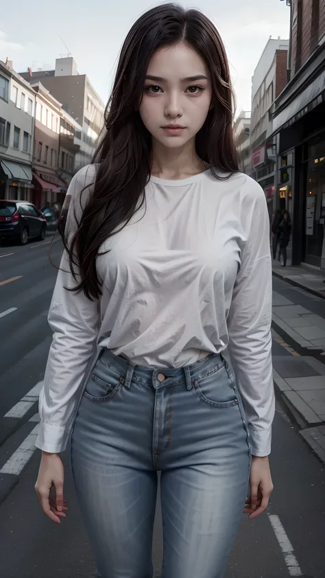 One person with long hair, jeans, bent shirt, front sky