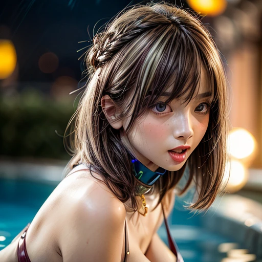 (SFW:1.2), Best_Quality, (masterpiece:1.2) of professional Analog Hi-Res photo, (realistic and photorealistic with touch of rawness:1.37), a close-up portrait of (KAWAII princess wearing thongs), Infinity pool on the roof of Skyscraper, Golden sky at dusk, intricate lighting effects with light particles, ((many colorful lights (dazzling bokeh))) . BREAK { Mystic sight | (many Luminous Particles:1.4) | sparkling splash | flying droplets | Rain drops | Luminous water surface | enjoying summer festival | Big City and Brilliant Skyscrapers }, { Childish | Gigantic Cleavage | Half Laying down | number on arm } . BREAK (((NOGIZAKA)))  Extremely Detailed very KAWAII face variation, captivating gaze, elaborate detailed Eyes with (sparkling highlights:1.2), long eyelashes、Glossy RED Lips with beautiful details, Coquettish tongue, Rosy cheeks, Wet Glistening ivory skin . (Dynamic joyful expressions), { pleasure in agony | Ecstasy | :D | screaming | Perplexed } . hair and eye color is same color, { Full of flowers | Chained Red leather high collar | Red ribbon | Tiny Coronet | Pearl piece | half updo | short bob }, from diagonally angle, Volumetric lighting .