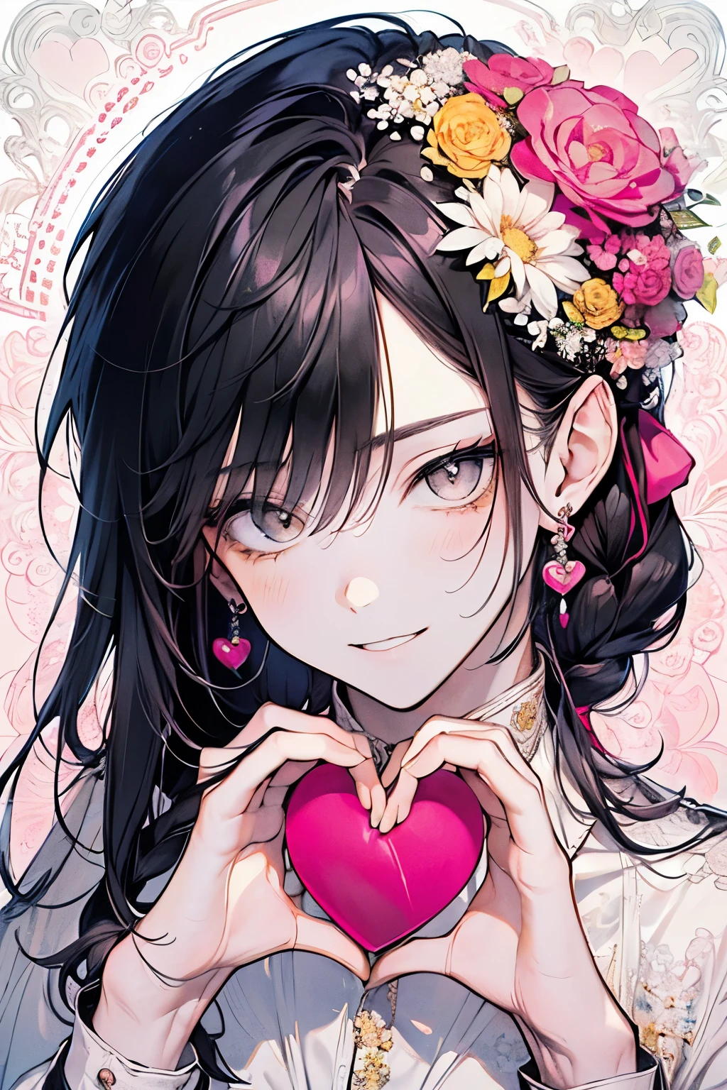 ((17years old man:1.2)), masterpiece, best quality, braid hair, black hair, (portrait), shiny gray eyes, white wedding dress,(pop and cute flower pattern background), (perfect hands),(pink,yellow,white),looking front,((Large and gorgeous earrings:1.1)),smile,((heart hands:1.2)),((upper body))