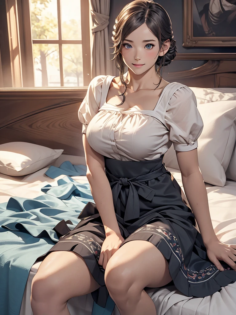 highest quality, masterpiece, High resolution, Photorealistic, RAW Photos, 8k wallpaper, perfection, Professional and bright lighting, Very detailed,(Big Breasts),(Tight waist),(Thin and beautiful legs), whole body, ((View your viewers)), Detailed face, Beautiful Eyes,Neat clothes,(Dirndl),(Lifting the hem of her skirt to show off her vagina)、Spread your legs out to the side,On the bed,Braid,Ecstasy facial expression