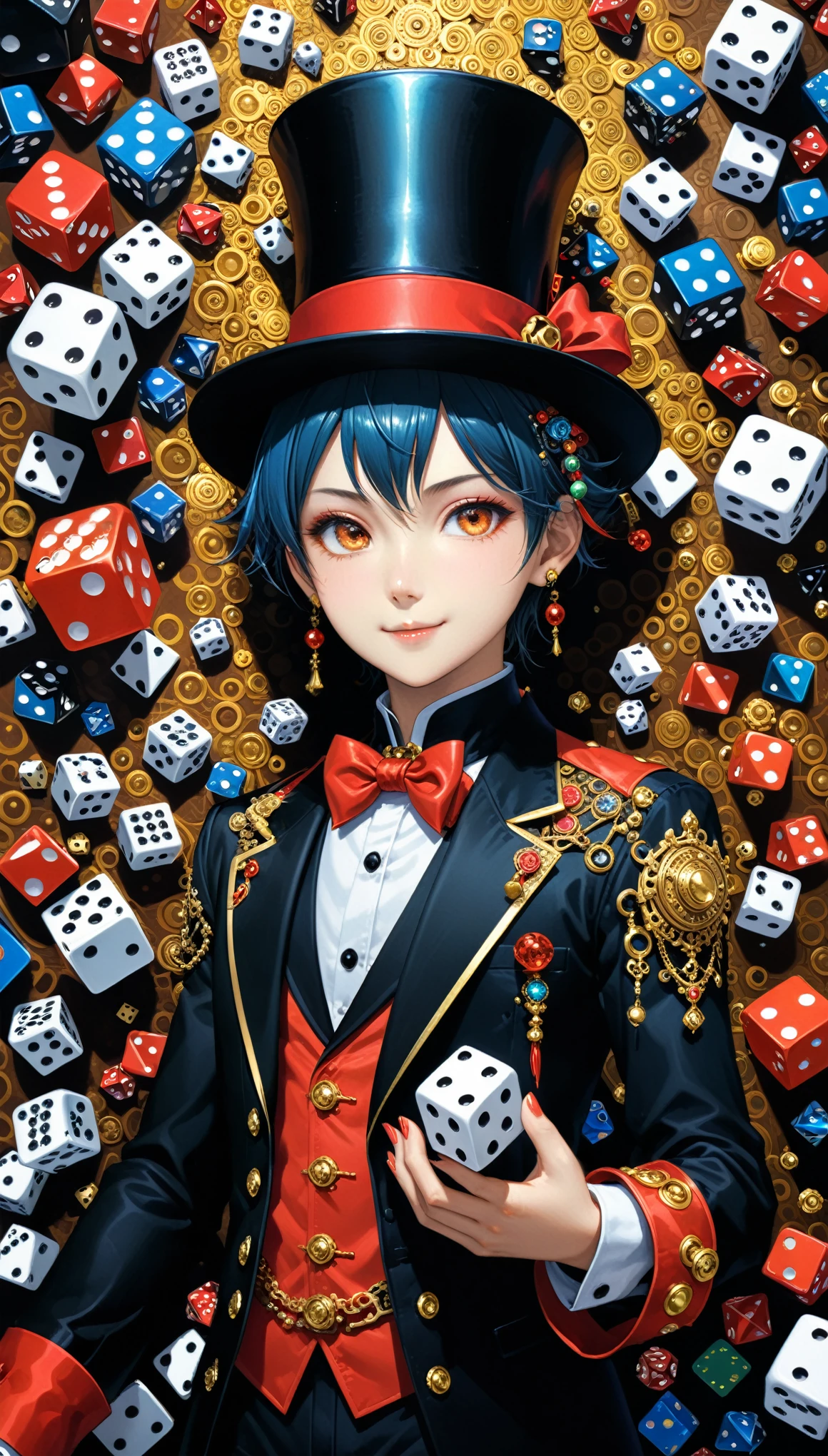 (al estilo de Takeshi Obata:1.3),(al estilo de Liu Ye:0.9),al estilo de Daniel Merriam,
muchos dados volando,1 chica,sombrero de copa del mago en la mano,muchos dados de diferentes tamaños salieron volando del sombrero,colores brillantes,sonrisa,Uniforme de mago,(Increíblemente detallado e intrincado, hipermaximalista, elegant, florido, Híper realista, súper detallado:1.1),