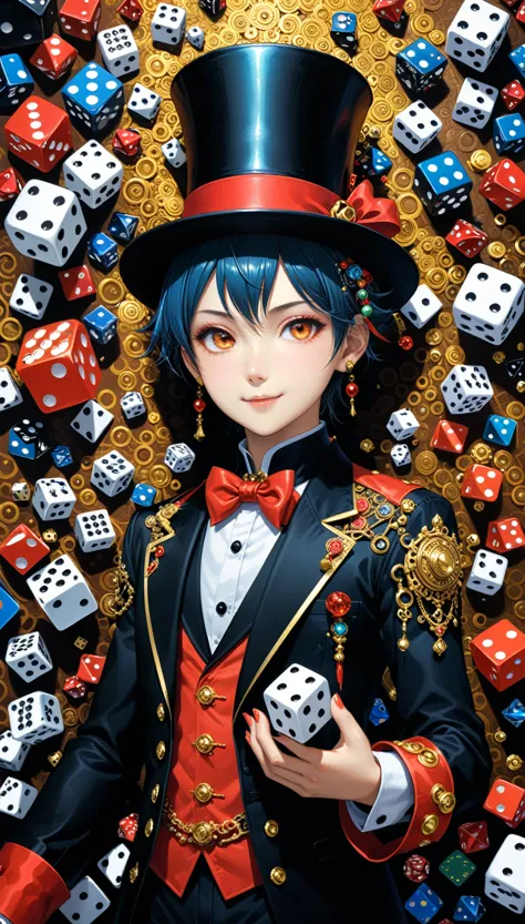 (in style of Takeshi Obata:1.3),(in style of by Liu Ye:0.9),in style of Daniel Merriam,
very many dice flying,1girl,magician's t...