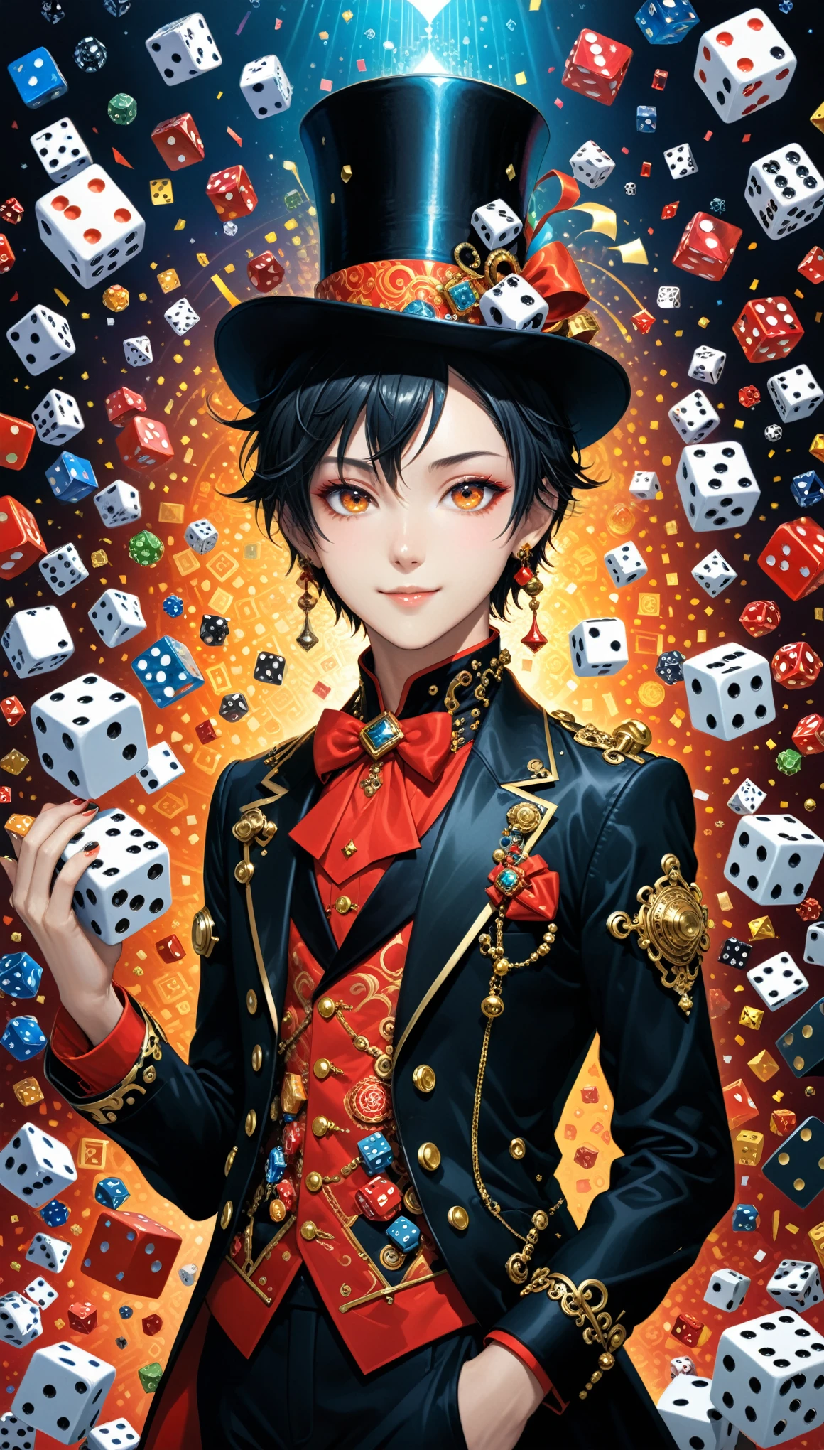 (in style of Takeshi Obata:1.3),(in style of by Liu Ye:0.9),in style of Daniel Merriam,
very many dice flying,1girl,magician's top hat in hand,a lot of dice of different sizes flew out of the hat,bright colors,dsmile,magician uniform,(insanely detailed and intricate, hypermaximalist, elegant, ornate, hyper realistic, super detailed:1.1),