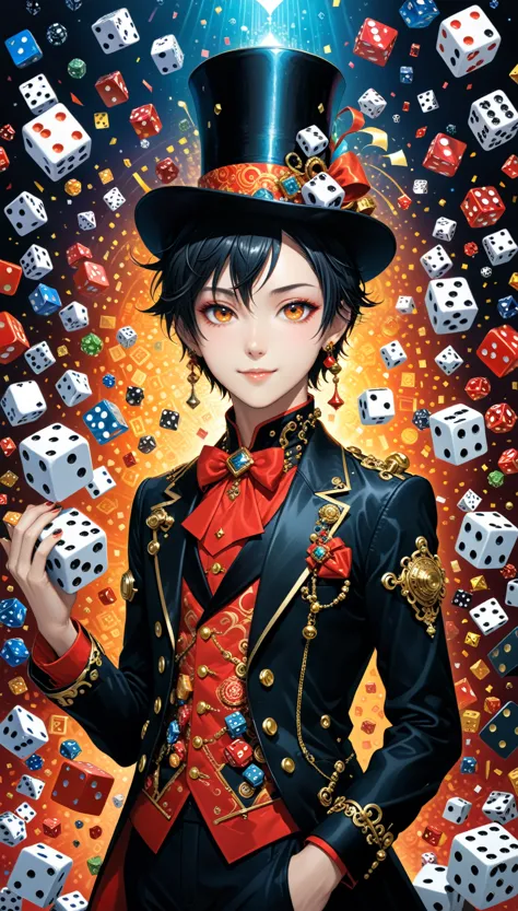 (in style of Takeshi Obata:1.3),(in style of by Liu Ye:0.9),in style of Daniel Merriam,
very many dice flying,1girl,magician's t...