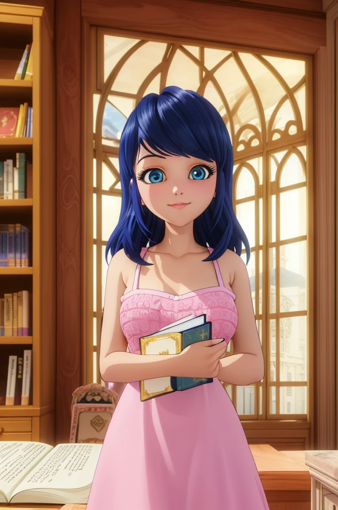 (8k, RAW photo, best quality, masterpiece:1.2), (intricate details), perfect eyes, perfect face, perfect lighting, beautiful, (masterpiece:1.2), (best quality:1.2), 1girl, solo, marinette, blue hair, ((loosen hair)), adult torso, 19 years old, slight smile, huge sized breasts, ( in pink dress, ) library, holding books,