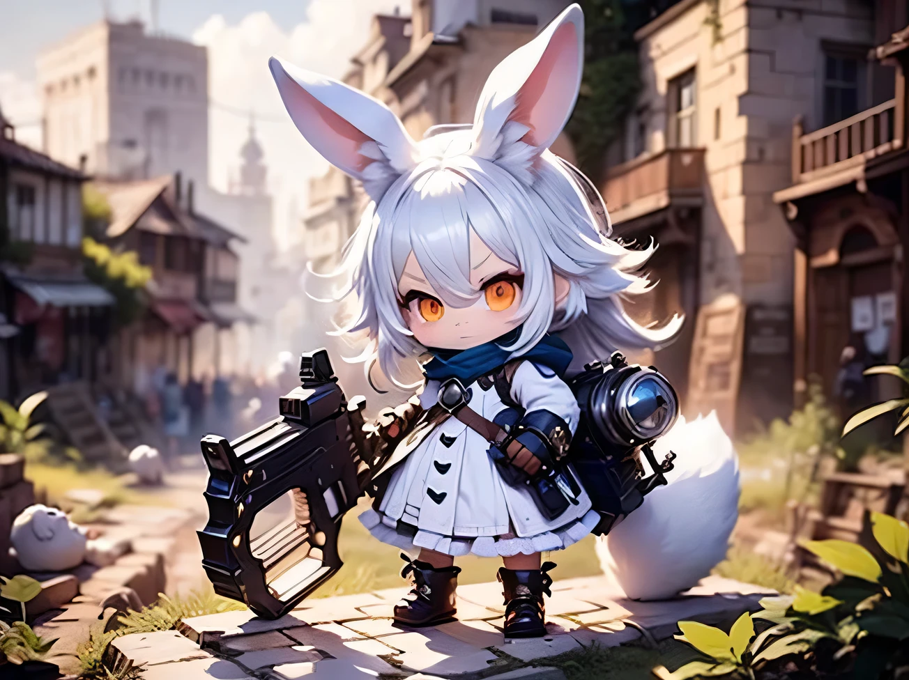quality\(8k,wallpaper of extremely detailed CG unit, ​masterpiece,hight resolution,top-quality,top-quality real texture skin,hyper realisitic,increase the resolution,RAW photos,best qualtiy,highly detailed,the wallpaper,golden ratio\), BREAK ,solo,1female\((chibi:1.8),cute,kawaii,small kid,(white hair:1.7),(very long hair:1.7),bangs,(ear\(fluffy white rabbit-ear\):1.3),(only 1small rabbit-tail at hip:1.2),(red eye),big eye,beautiful shiny eye,skin color white,big hairbow,(combat suit\(very tight,frilled,weapons\)),breast,shooting and aiming a laser gun to giant monster cat\), BREAK ,background\(city of Rubble,giant cats are destroying the city\),(close up female)