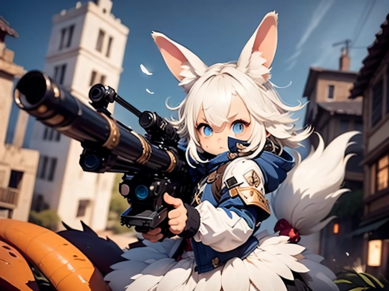 solo,1female\((chibi:1.8),cute,kawaii,small kid,(white hair:1.7),(very long hair:1.7),bangs,(ear\(fluffy white rabbit-ear\):1.3),(only 1small rabbit-tail at hip:1.2),(red eye),big eye,beautiful shiny eye,skin color white,big hairbow,(combat suit\(body suit,(very tight:1.5),weapons\)),breast,shooting and aiming a laser gun to giant monster cat\), BREAK ,background\(city of Rubble,giant cats are destroying the city\),(close up female), BREAK ,quality\(8k,wallpaper of extremely detailed CG unit, ​masterpiece,hight resolution,top-quality,top-quality real texture skin,hyper realisitic,increase the resolution,RAW photos,best qualtiy,highly detailed,the wallpaper,golden ratio\)