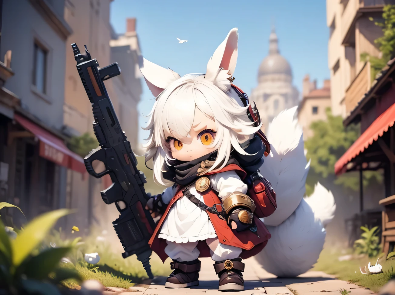 solo,1female\((chibi:1.8),cute,kawaii,small kid,(white hair:1.7),(very long hair:1.7),bangs,(ear\(fluffy white rabbit-ear\):1.3),(only 1small rabbit-tail at hip:1.2),(red eye),big eye,beautiful shiny eye,skin color white,big hairbow,(costume\(combat suit,bodysuit,(very tight:1.5),(show body line:1.2),weapons\)),breast,shooting and aiming a laser gun to giant monster cat\), BREAK ,background\(city of Rubble,giant cats are destroying the city\),(close up female), BREAK ,quality\(8k,wallpaper of extremely detailed CG unit, ​masterpiece,hight resolution,top-quality,top-quality real texture skin,hyper realisitic,increase the resolution,RAW photos,best qualtiy,highly detailed,the wallpaper,golden ratio\)