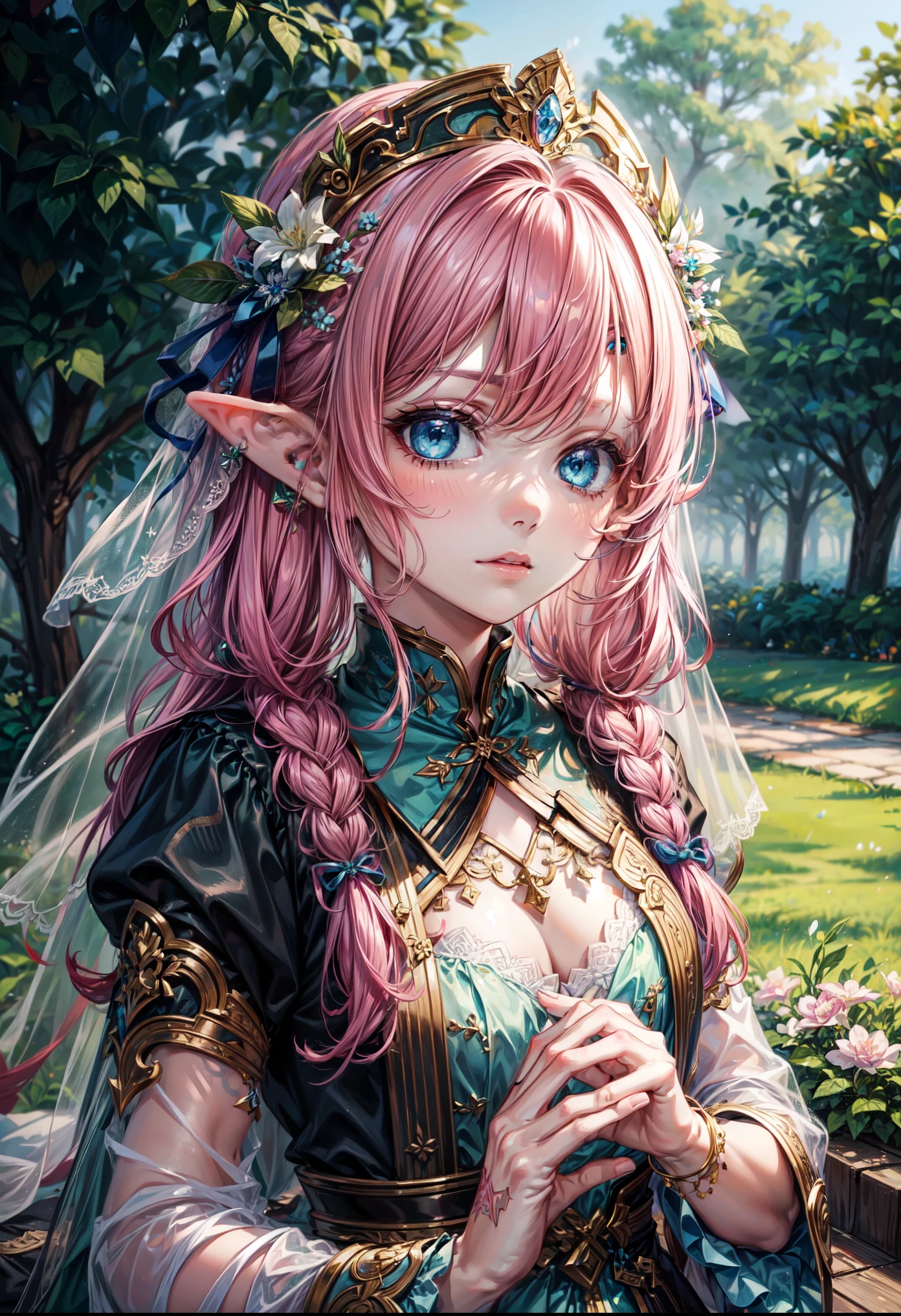 1 girl, (alone:1.3), ,((best quality)), ((masterpiece)), (detailed), perfect face, elf, young, festival., ,  pink  hair, braid, ,sexy , green blue eyes , flower,bride