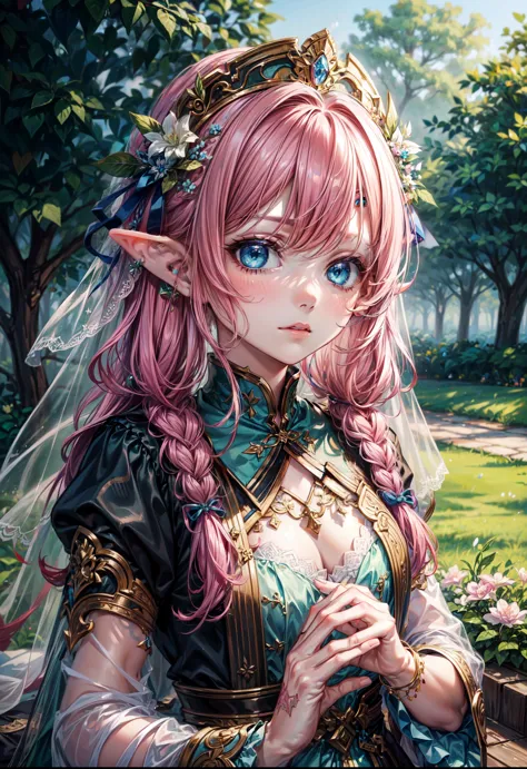 1 girl, (alone:1.3), ,((best quality)), ((masterpiece)), (detailed), perfect face, elf, young, festival., ,  pink  hair, braid, ...