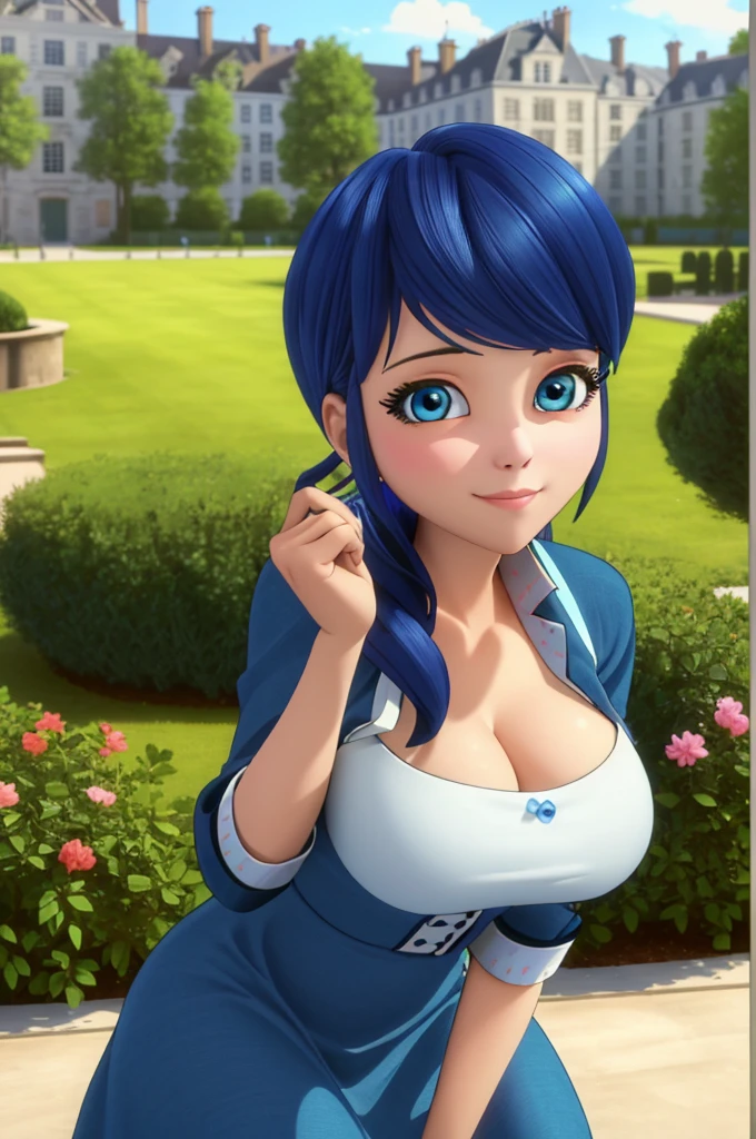 (8k, RAW photo, best quality, masterpiece:1.2), (intricate details), perfect eyes, perfect face, perfect lighting, beautiful, (masterpiece:1.2), (best quality:1.2), 1girl, solo, marinette, blue hair, ((loosen hair)), adult torso, 19 years old, slight smile, huge sized breasts, ( in blue dress,) in a garden