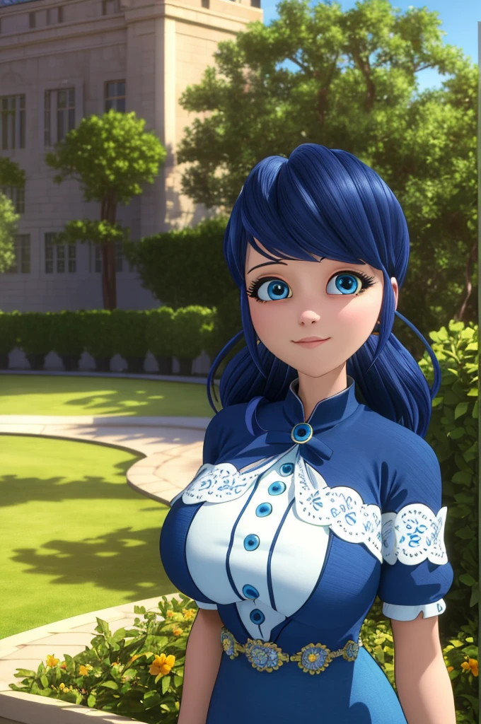 (8k, RAW photo, best quality, masterpiece:1.2), (intricate details), perfect eyes, perfect face, perfect lighting, beautiful, (masterpiece:1.2), (best quality:1.2), 1girl, solo, marinette, blue hair, ((loosen hair)), adult torso, 19 years old, slight smile, huge sized breasts, ( in blue dress,) in a garden