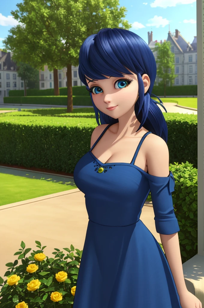 (8k, RAW photo, best quality, masterpiece:1.2), (intricate details), perfect eyes, perfect face, perfect lighting, beautiful, (masterpiece:1.2), (best quality:1.2), 1girl, solo, Marinette, blue hair, ((long loosen hair)), adult torso, 19 years old, slight smile, huge sized breasts, ( in a blue dress,) in a garden