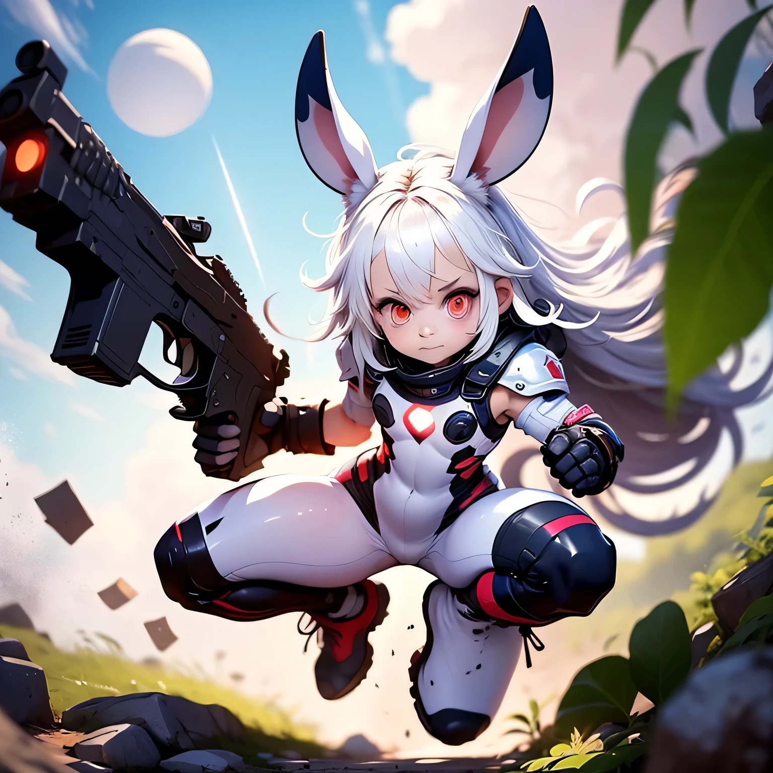 solo,1female\(chibi,cute,kawaii,small kid,(white hair:1.7),(very long hair:1.7),bangs,(ear\(fluffy white rabbit-ear\):1.3),(red eye),big eye,beautiful shiny eye,skin color white,big hairbow,(combat suit\((bodysuit:1.5),(skin tight:1.5),body suit,(very tight:1.5),weapons\)),(breast:1.3),fighting stance,dynamic pose,shooting and aiming a laser gun to viewer\), BREAK ,background\(in the sky\), BREAK ,quality\(8k,wallpaper of extremely detailed CG unit, ​masterpiece,hight resolution,top-quality,top-quality real texture skin,hyper realisitic,increase the resolution,RAW photos,best qualtiy,highly detailed,the wallpaper,golden ratio\),dynamic angle,better hands,[nsfw:2.0]
