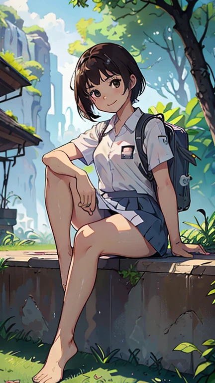 masterpiece, highest quality, High resolution, very detailed, detailed background, cinematic lighting, 1 girl,9 years old, looking at the viewer, barefoot, dress, sitting, short sleeve, looking at the viewer, Grass, short hair, smile, dark brown hair, short sleeves, outdoor, short sleeve, bangs, full body, wearing pink Randoseru Backpack, (Randoseru Backpack:1.0), wet transparent white shirt, grey skirt, Daylight, brown eyes, dappled Daylight, Day、topless、underless、legs spread、