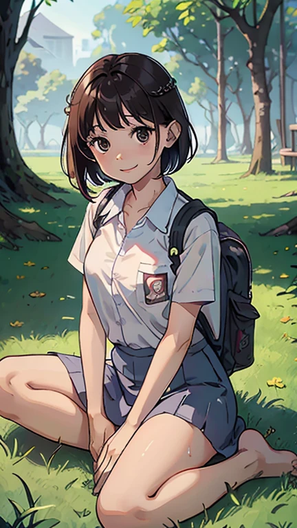 masterpiece, highest quality, High resolution, very detailed, detailed background, cinematic lighting, 1 girl,9 years old, looking at the viewer, barefoot, dress, sitting, short sleeve, looking at the viewer, Grass, short hair, smile, dark brown hair, short sleeves, outdoor, short sleeve, bangs, full body, wearing pink Randoseru Backpack, (Randoseru Backpack:1.0), wet transparent white shirt, grey skirt, Daylight, brown eyes, dappled Daylight, Day、topless、underless、legs spread、