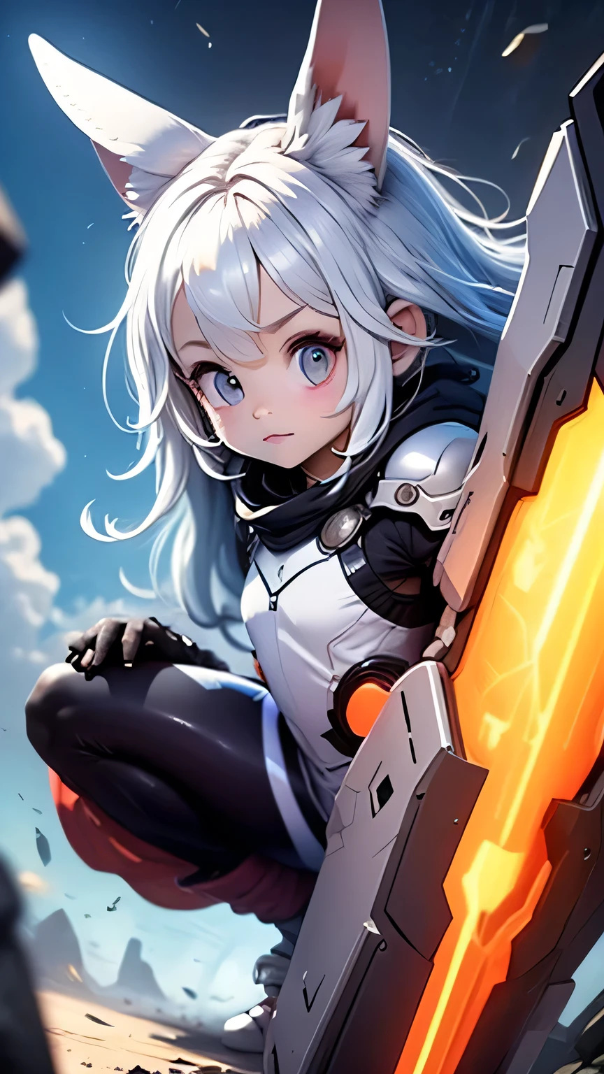 solo,1female\(chibi,cute,kawaii,small kid,(white hair:1.7),(very long hair:1.7),bangs,(ear\(fluffy white rabbit-ear\):1.3),(red eye),big eye,beautiful shiny eye,skin color white,big hairbow,(combat suit\((bodysuit:1.5),(skin tight:1.5),body suit,(very tight:1.5),weapons\)),(breast:1.3),fighting stance,dynamic pose,shooting and aiming a laser gun to viewer,(flying)\), BREAK ,background\(in the sky\), BREAK ,quality\(8k,wallpaper of extremely detailed CG unit, ​masterpiece,hight resolution,top-quality,top-quality real texture skin,hyper realisitic,increase the resolution,RAW photos,best qualtiy,highly detailed,the wallpaper,golden ratio\),dynamic angle,better hands,[nsfw:2.0]