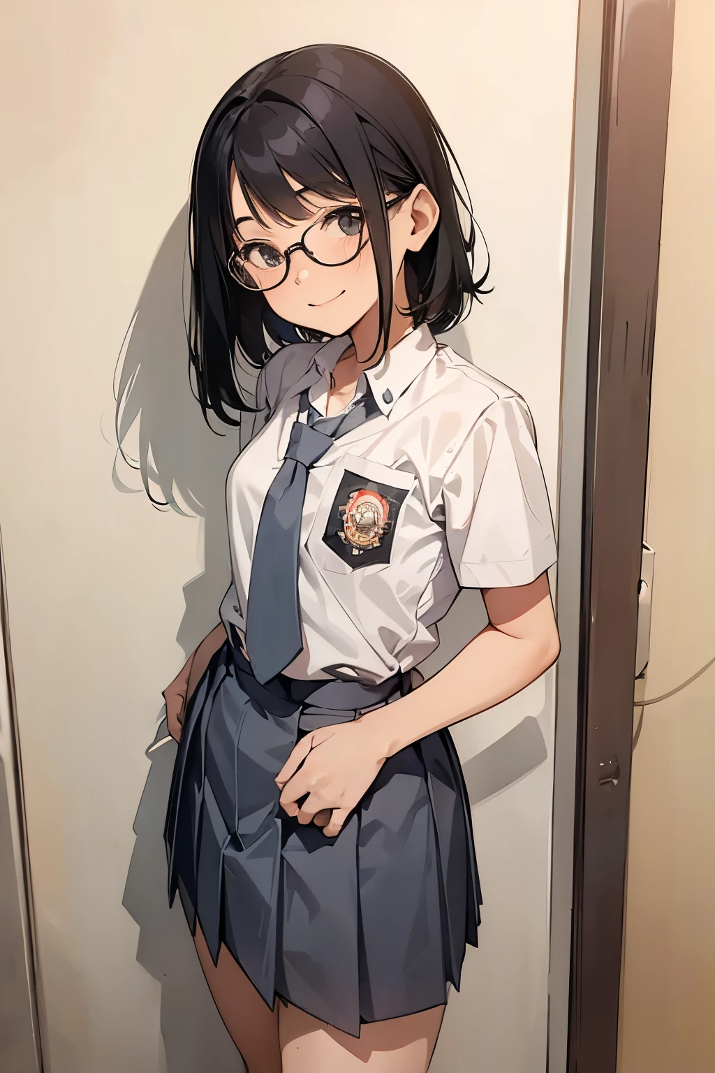 1 woman, 16 years old, medium hair, slim, black eyes, Indonesian high-school uniform, white shirt, osis logo on shirt pocket, small breasts, grey pleated skirt, half-shot, glasses, smile