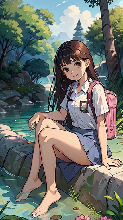 masterpiece, highest quality, High resolution, very detailed, detailed background, cinematic lighting, 1 girl,9 years old, looking at the viewer, barefoot, dress, sitting, short sleeve, looking at the viewer, Grass,  long hair, smile, dark brown hair, short sleeves, outdoor, short sleeve, bangs, full body, wearing pink Randoseru Backpack, (Randoseru Backpack:1.0), wet transparent white shirt, grey mini skirt, Daylight, brown eyes, dappled Daylight, Day、topless、underless、legs spread wide, lift skirt