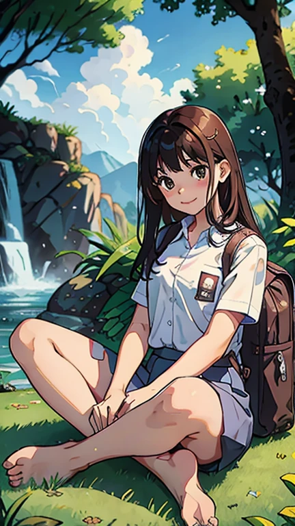 masterpiece, highest quality, High resolution, very detailed, detailed background, cinematic lighting, 1 girl,9 years old, looking at the viewer, barefoot, dress, sitting, short sleeve, looking at the viewer, Grass,  long hair, smile, dark brown hair, short sleeves, outdoor, short sleeve, bangs, full body, wearing pink Randoseru Backpack, (Randoseru Backpack:1.0), wet transparent white shirt, grey mini skirt, Daylight, brown eyes, dappled Daylight, Day、topless、underless、legs spread wide, lift skirt