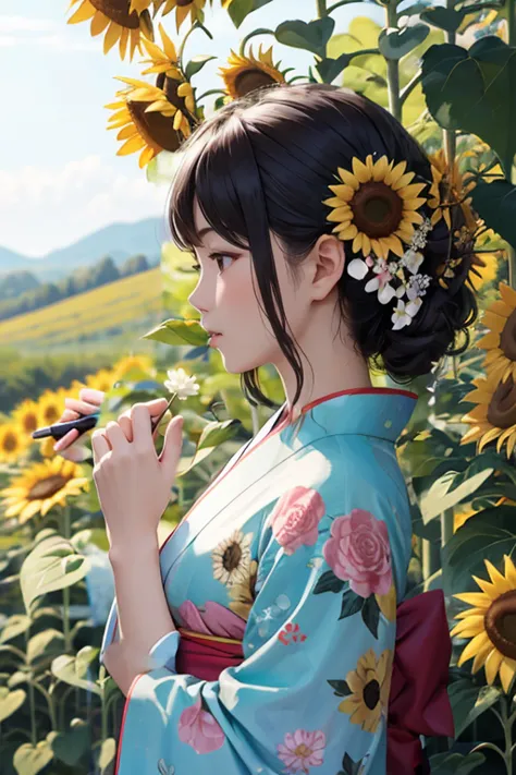 Blooming sunflower field,Pink kimono,Flower hair ornament