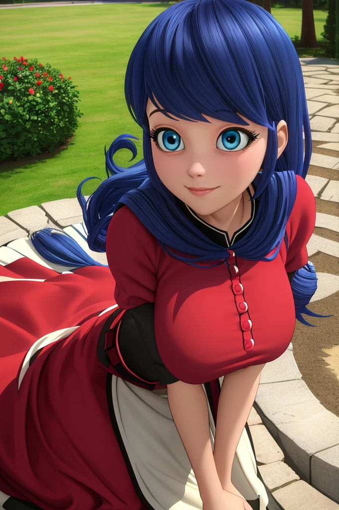 (8k, RAW photo, best quality, masterpiece:1.2), (intricate details), perfect eyes, perfect face, perfect lighting, beautiful, (masterpiece:1.2), (best quality:1.2), 1girl, solo, Marinette, blue hair, ((long flowing hair)), adult torso, 19 years old, slight smile, huge sized breasts, ( in a dark red princess dress), in a flower garden,