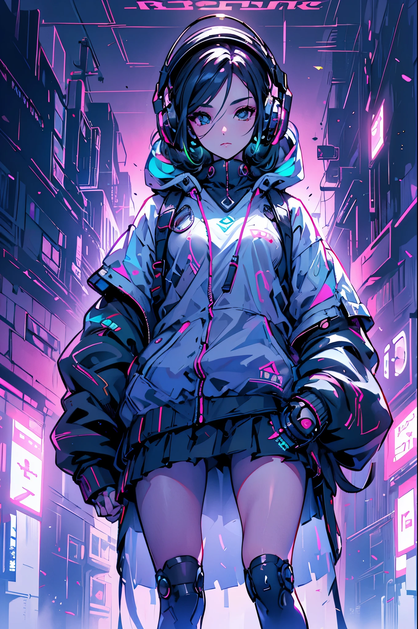 a woman with headphones next to a robot, corpo inteiro, olhando para cima, Dark sky with clouds, (((a garota tem cabelos curtos brancos, tenis tech, e partes cyberpunk))), arte cyberpunk de Jason A. English, sociedade cg, retrofuturismo, Ilya Kuvshinov, sci-fi, futurista, vibrante, photorealista, realista, dramatic, cinematic lighting, sharp focus, 8K