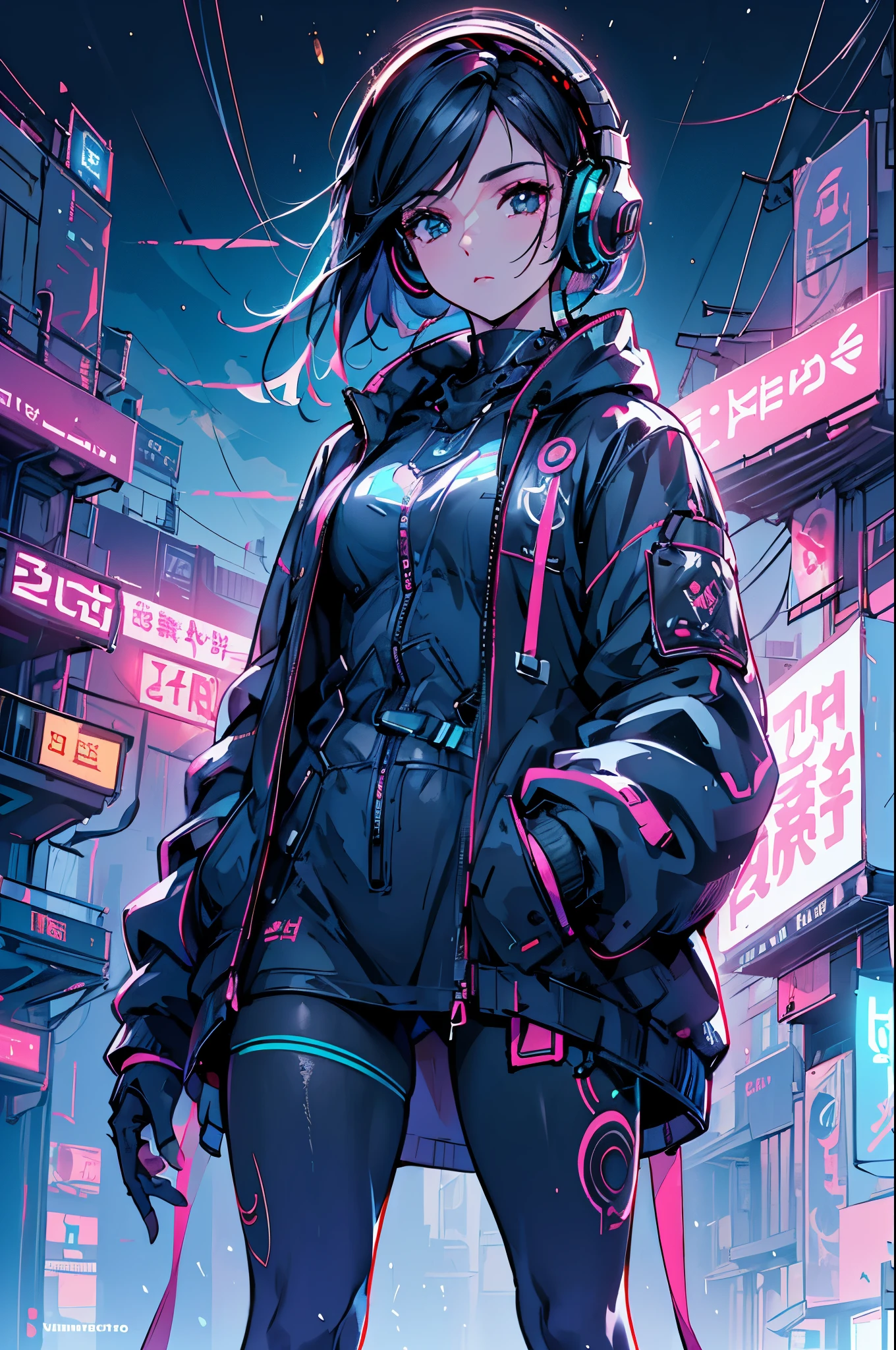 a woman with headphones next to a robot, corpo inteiro, olhando para cima, Dark sky with clouds, (((a garota tem cabelos curtos brancos, tenis tech, e partes cyberpunk))), arte cyberpunk de Jason A. English, sociedade cg, retrofuturismo, Ilya Kuvshinov, sci-fi, futurista, vibrante, photorealista, realista, dramatic, cinematic lighting, sharp focus, 8K