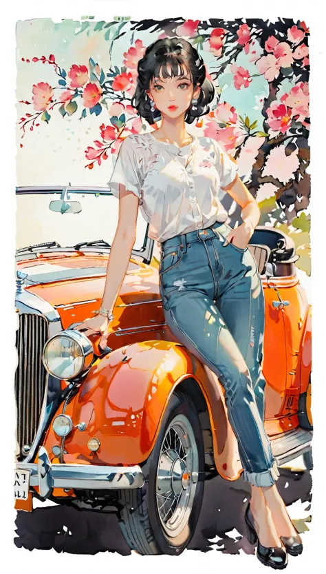(((paper cutting style))), 1 girl, short black long hair, shirts and denim, classic vintage car