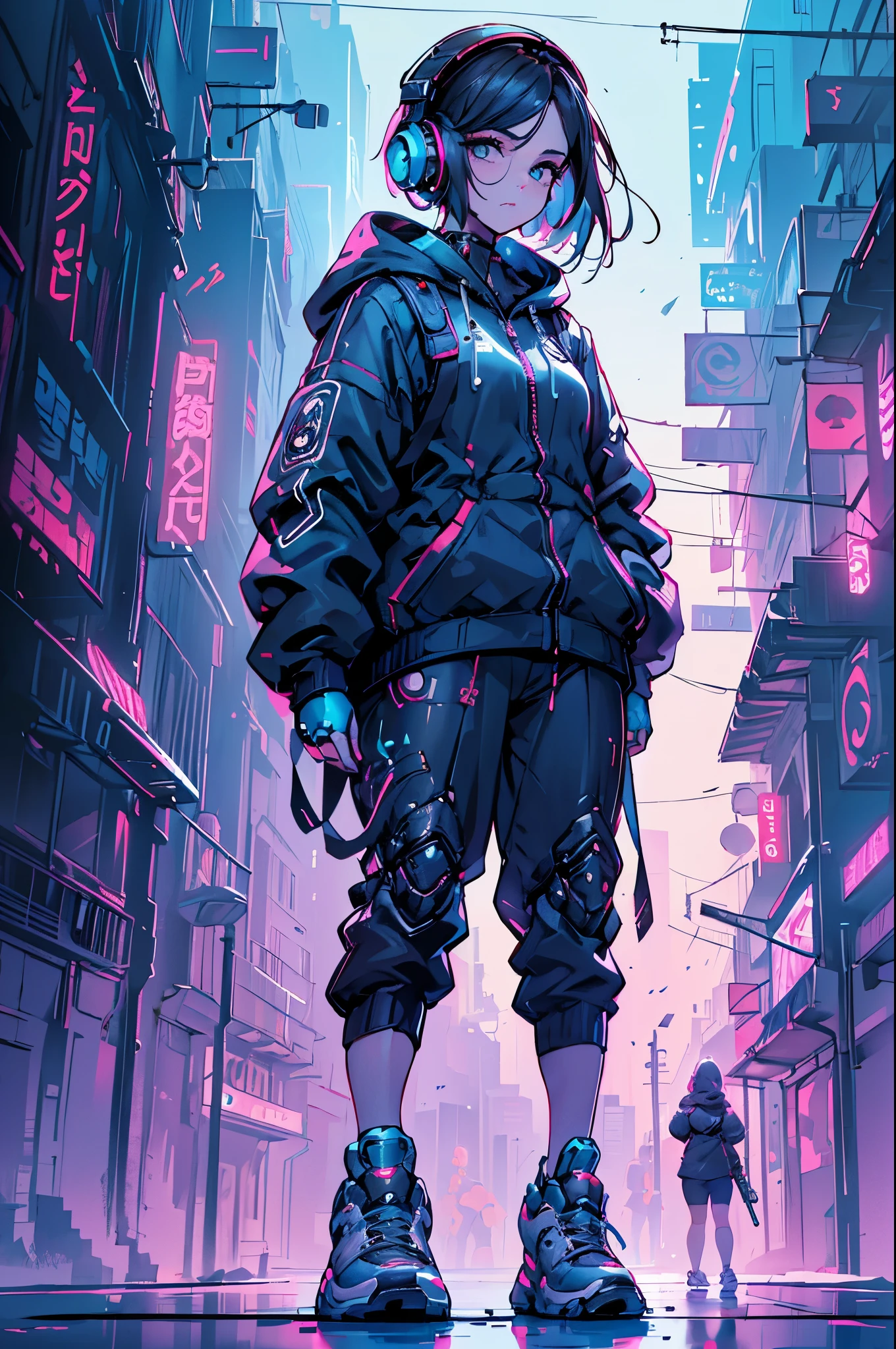 a woman with headphones next to a robot, corpo inteiro, olhando para cima, Dark sky with clouds, (((a garota tem cabelos curtos brancos, tenis tech, e partes cyberpunk))), arte cyberpunk de Jason A. English, sociedade cg, retrofuturismo, Ilya Kuvshinov, sci-fi, futurista, vibrante, photorealista, realista, dramatic, cinematic lighting, sharp focus, 8K