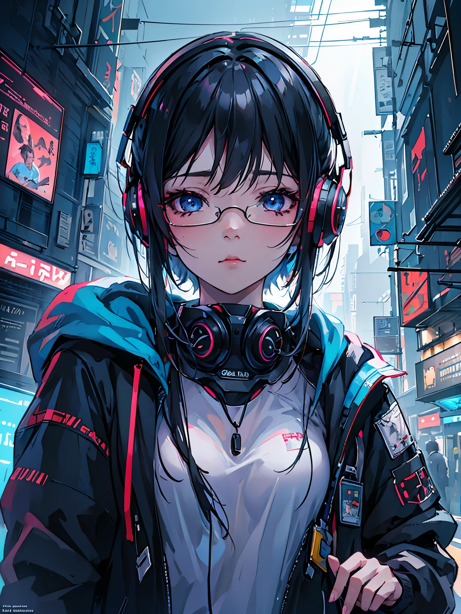 a woman with headphones next to a robot, corpo inteiro, olhando para cima, glasses, boca meio aberta, Dark sky with clouds, (((a garota tem cabelos curtos brancos, tenis tech, e partes cyberpunk))), arte cyberpunk de Jason A. English, sociedade cg, retrofuturismo, Ilya Kuvshinov, sci-fi, futurista, vibrante, photorealista, realista, dramatic, cinematic lighting, sharp focus, 8K
