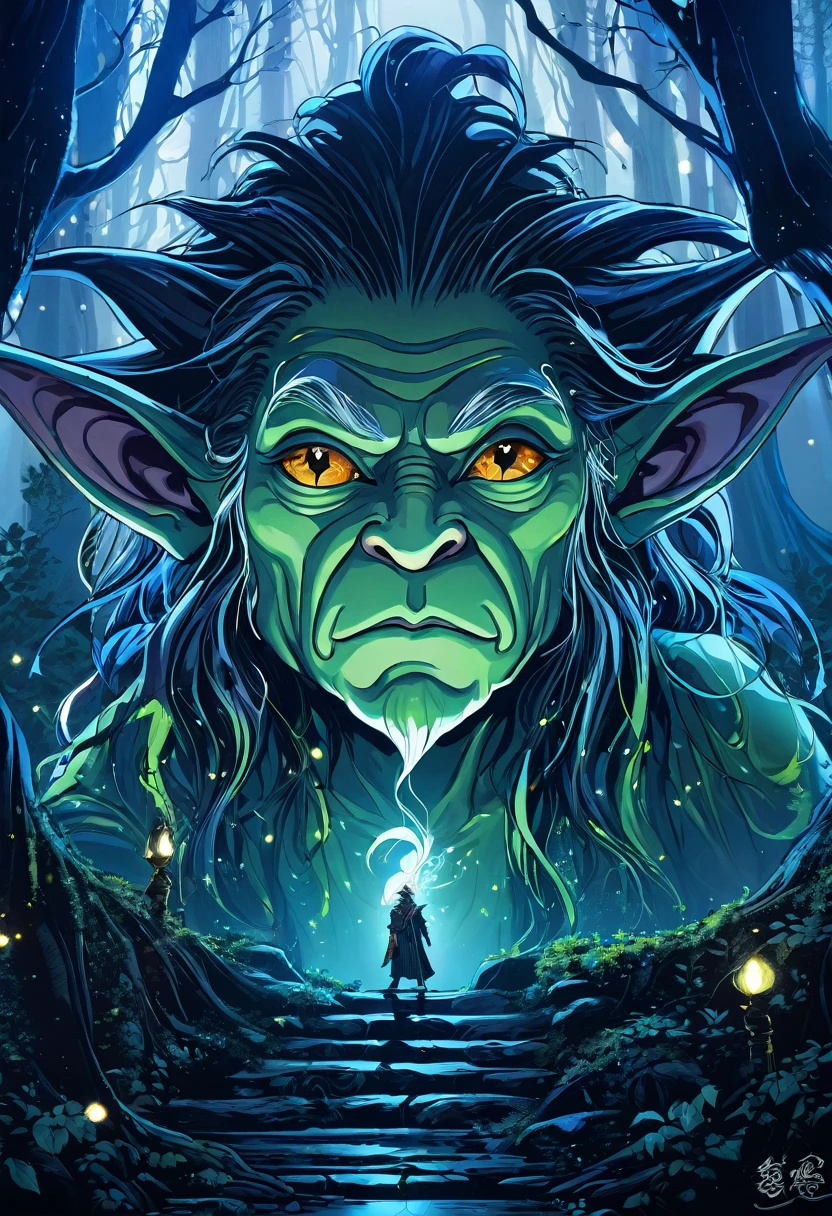 Oberon the Goblin King、King of Elves、Marker Outline、Very detailed、4k、Very detailed、Intricate details、Striking colors、Cinematic lighting、creates a dramatic構成、Fantasy Portrait、elegant、Whimsical、magic、mysterious、Ethereal、creates a dramatic、Atmospheric、Fascinating、Deep forest background、masterpiece