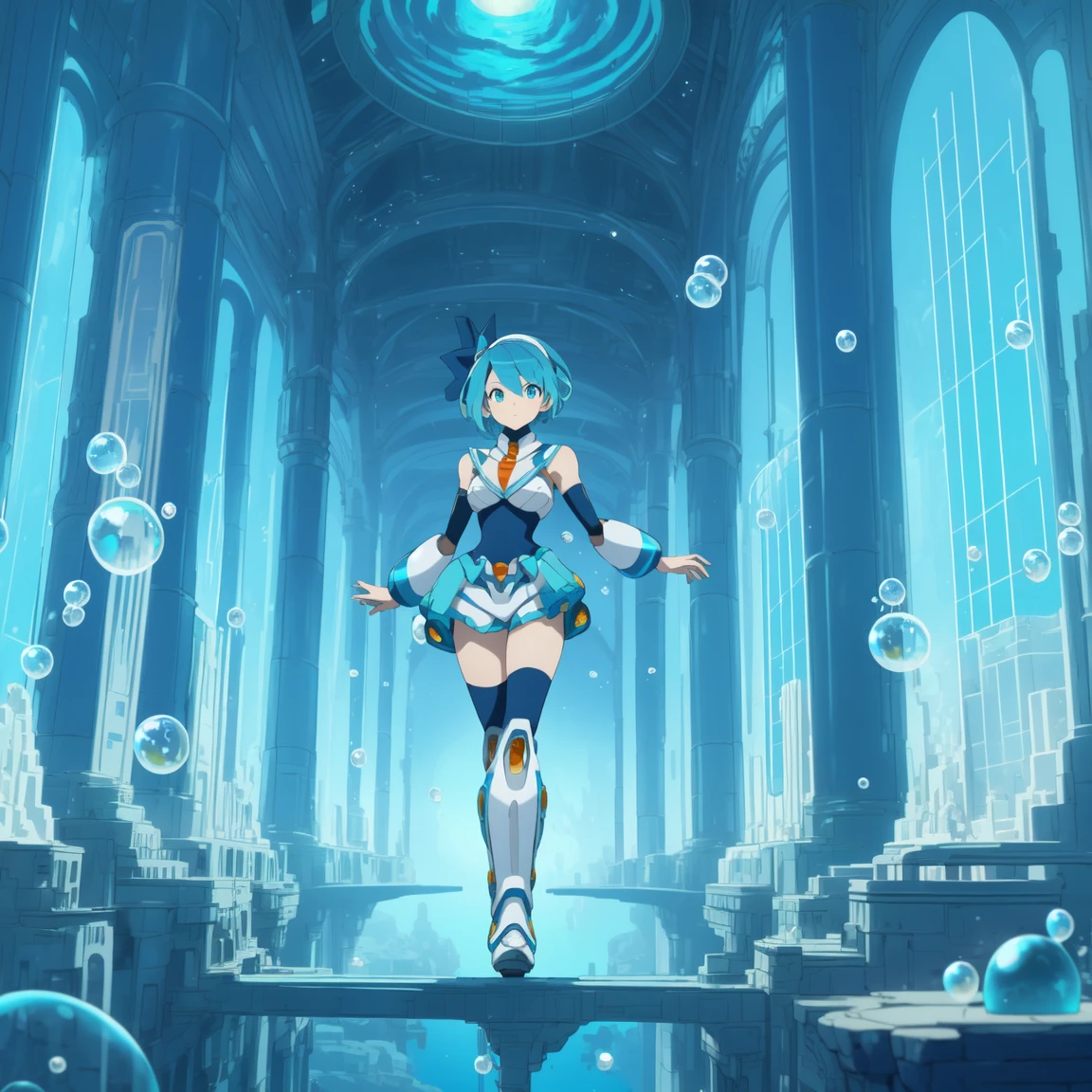 rico_megamanxdive, 1girl, solo, blue eyes, short hair, blue hair, android, high quality, masterpiece, standing in an underwater city with lots of bubbles, in the style of yuumei, intricate architectures, indigo, miniature illumination, daniel f. gerhartz