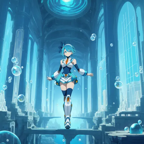 rico_megamanxdive, 1girl, solo, blue eyes, short hair, blue hair, android, high quality, masterpiece, standing in an underwater ...