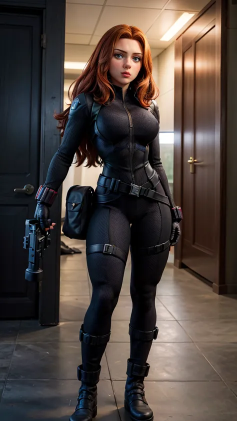 8K, Ultra HD, super details, high quality, high resolution. The heroine Black Widow looks beautiful in a full body photo, her bo...
