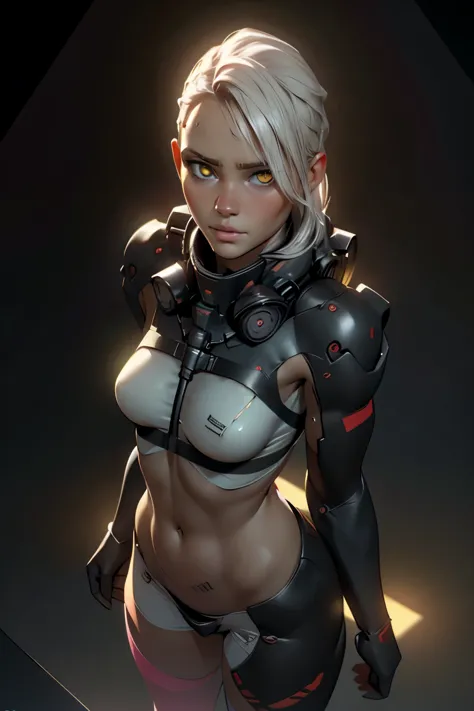 pretty, woman, sexy face, yellow eyes, white hair, slim body, sexy pose, pink tights, mechs, neon sign, led night city, seen fro...