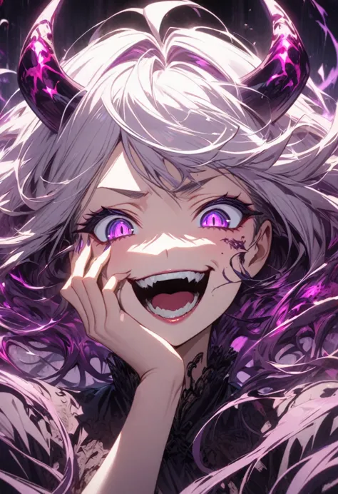 Anime girl with glowing purple eyes and long white hair with a hand on her face, with reptile eyes, with bright purple eyes, wit...