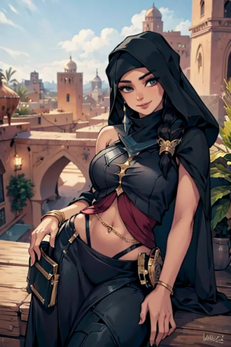 hijab, samira \(league of legends\) , in marrakesh background , elegant pose , smiling
